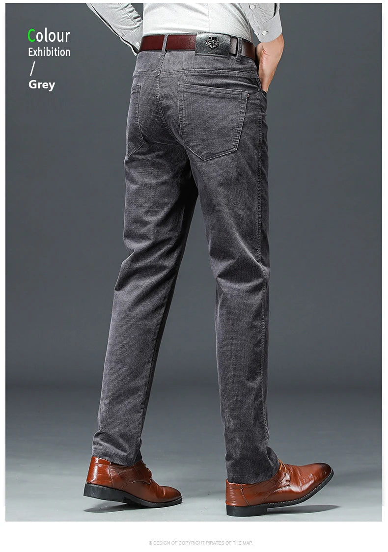 Spring Autumn New Men Pants Corduroy Fabric Comfortable Soft Casual Business Office Male Trousers Khaki Apricot Black Blue