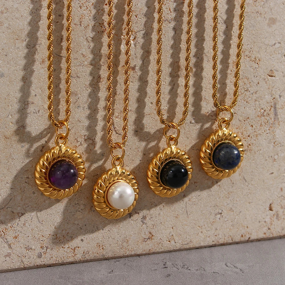 E.B.belle   Elegant Natural Stone Black Carnelian Lapis Lazuli Amethyst Simulated Pearl Pendant Necklace Rope Chian Necklace