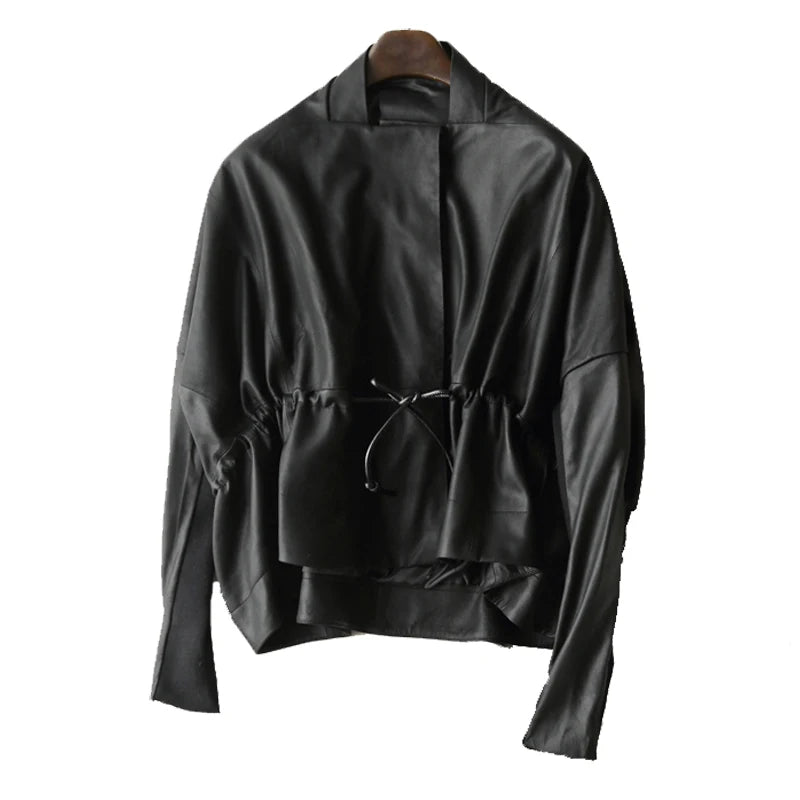 Women's Clothing Great Texture Women Loose Casual Genuine Leather Jacket Female Imported Frosted Sheepskin Drawstring Waist Coat