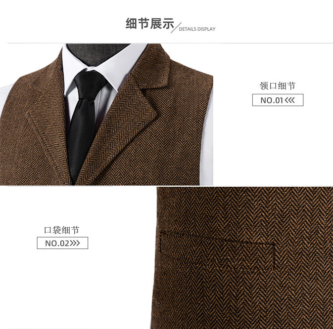 Wool Tweed Men's Suits Vest for Groomsmen Wedding Lapel Casual Slim Business Vests Sleeveless Waistcoat Male Gilet Homme Vests