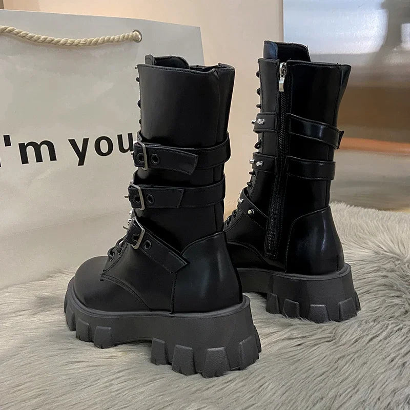 WOMEN ANKLE BOOTS Goth Boots Woman Winter 2024 Platform Shoes Sneakers Studded Belt Buckle Punk  Chunky Heels Mid Calf Boots