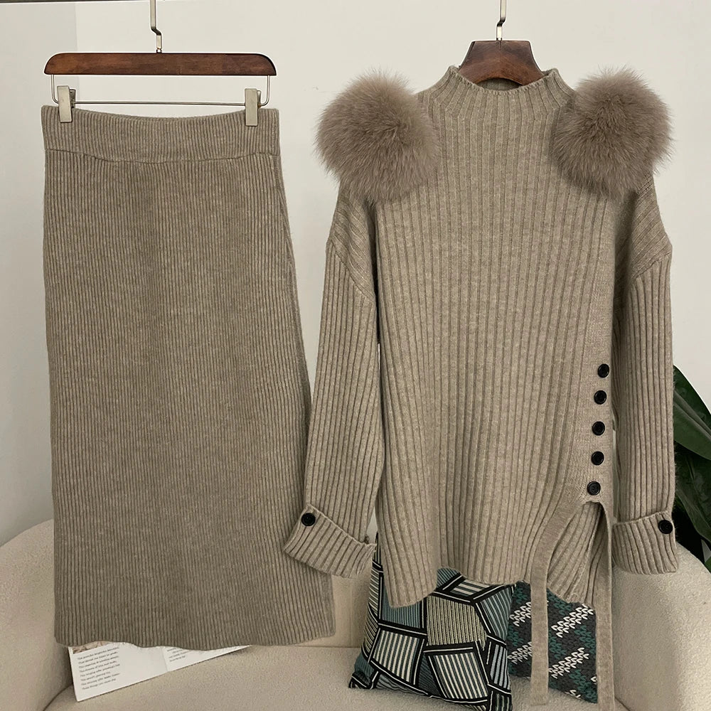 Sweater Set Warm suit Women Winter Knitted Suits two Piece Set Natural fox fur collar Sweater + Loose Trousers Office Lady Suit