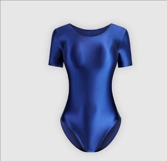 Japanese Men's Bathing Suits Women's Sexy Silky Glossy One-piece Swimsuit Shiny Short Sleeve Bodysuit, Oily Tights Shapewear