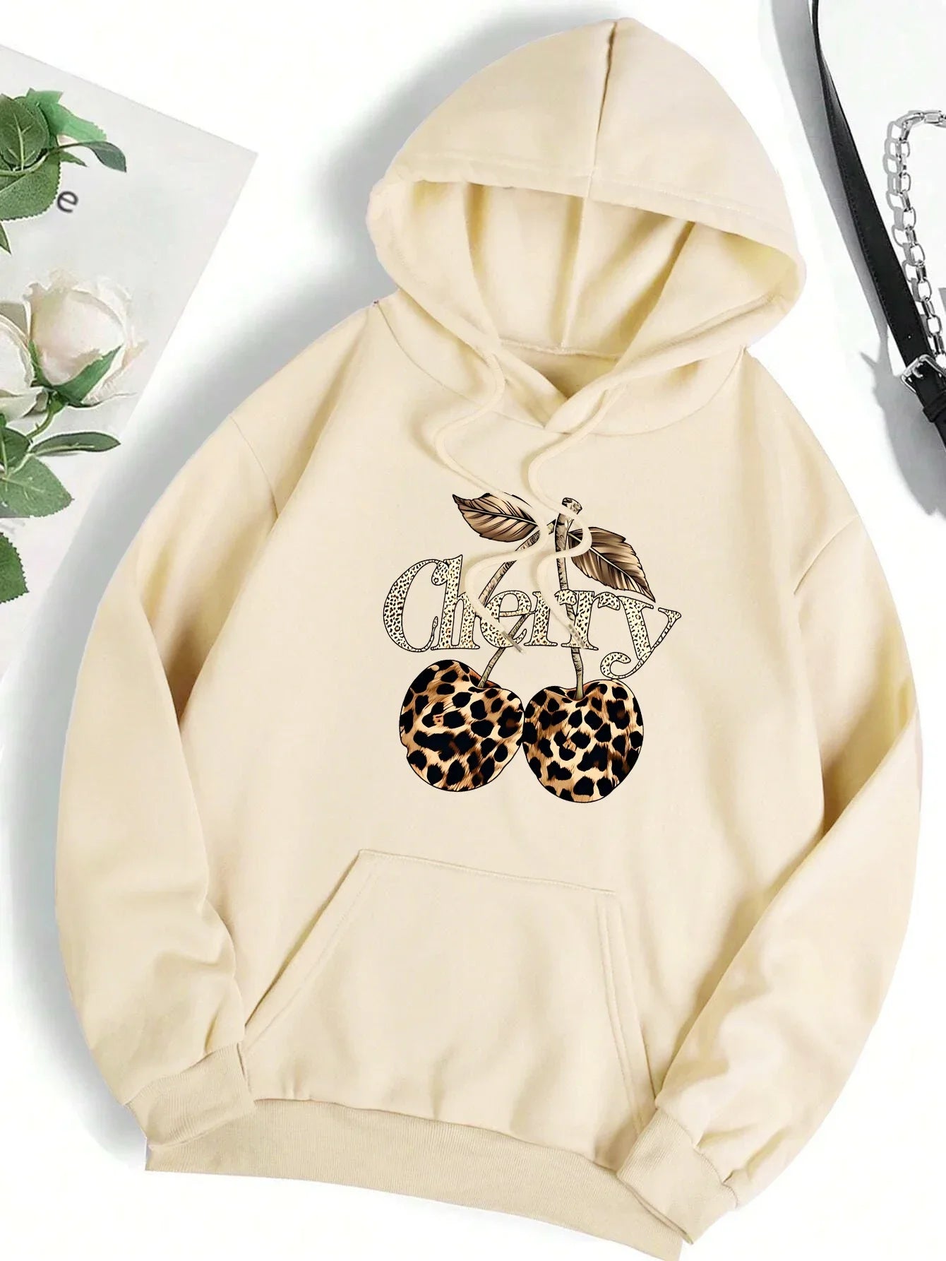 2025 Leopard Cherry Creative Printing Hoodies Women All-Match Streetwear Y2K Pocket Hoody Autumn Winter Casual Women Clothing