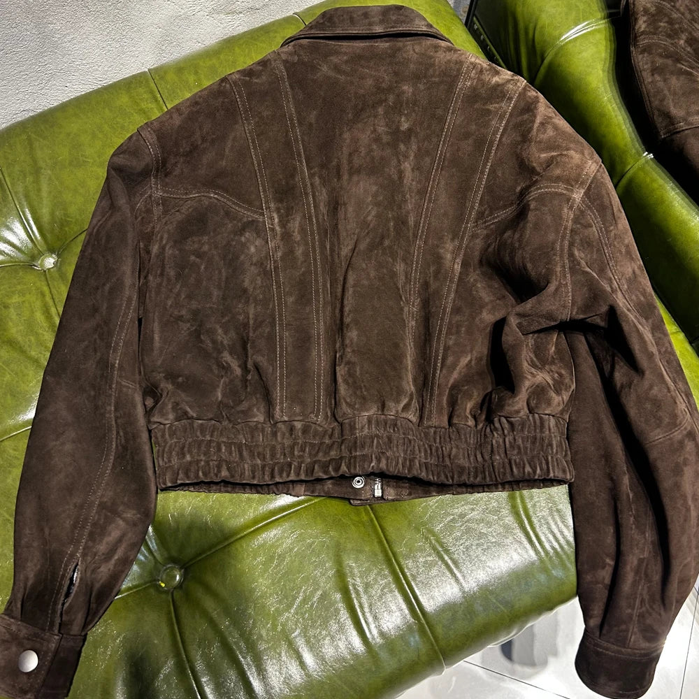 GBY Brown Suede Leather Jacket Cropped Genuine Soft Sheep Jacket 2025 Woman Jackets