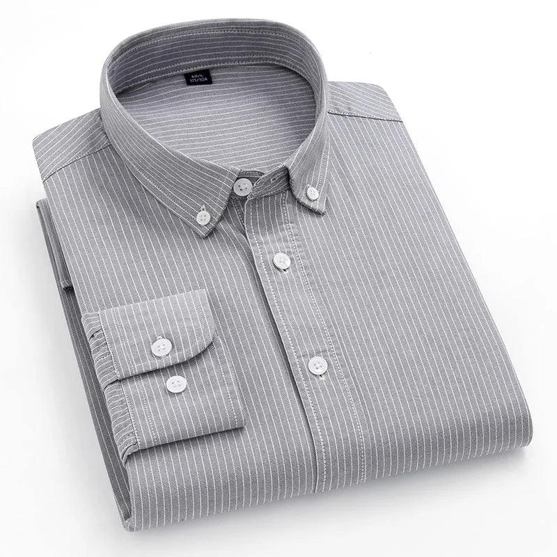 Men's 100% Cotton Oxford Shirt - Breathable Vertical Stripe Slim Fit with  Wrinkle-Resistant Long Sleeve for Business Casual