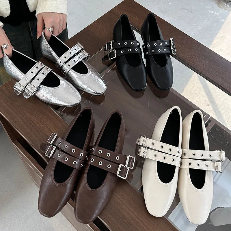 Female Footwear Round Toe Luxury Women Flats Mary Janes Shoes Shallow  Fashion Buckle Strap Ladies Ballet Flats Shoes