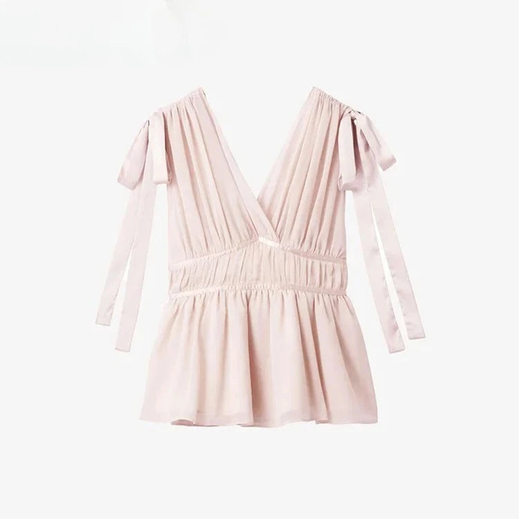 Women's Tops Summer Bow Tie Sweet Elegant Blouse Femme V Neck Shirt Waist-Cinching Japanese Style Sleeveless Chiffon Blouse