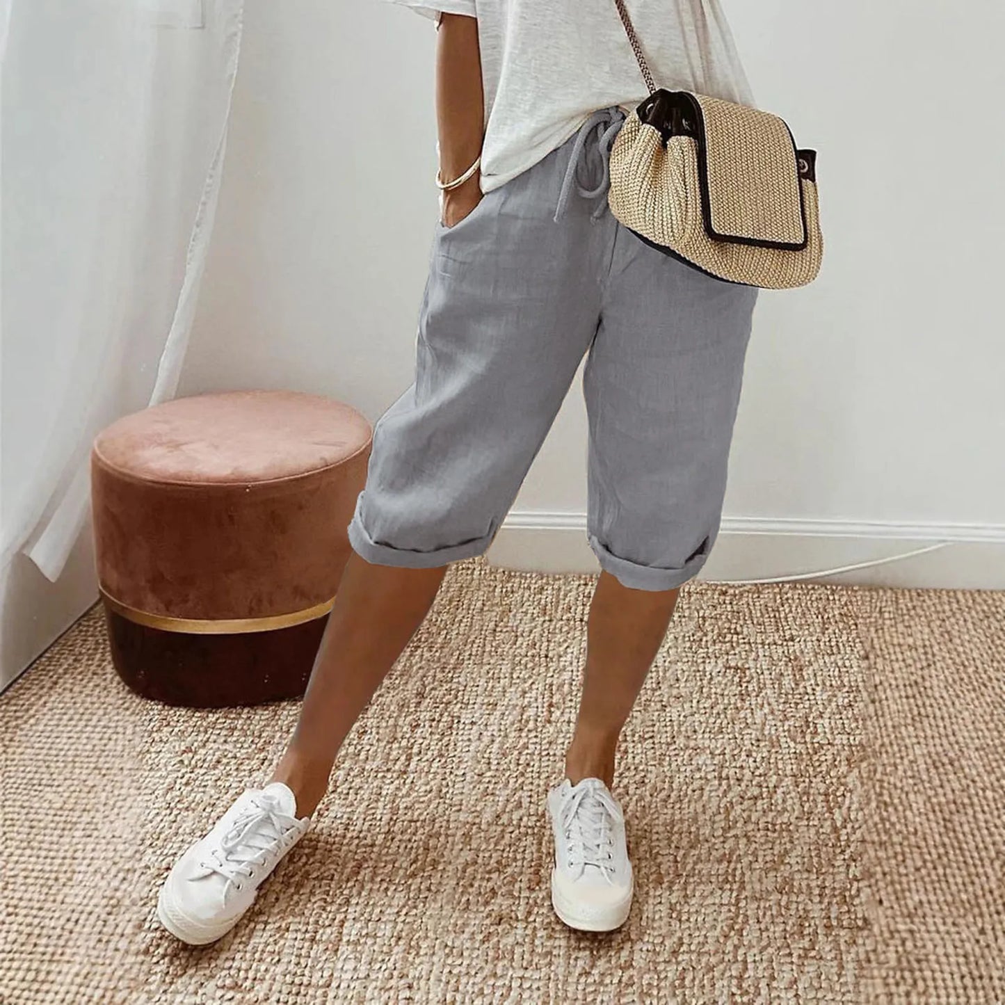 Spring Summer Women's Cotton Linen Trousers Pants Solid Elastic Waist Oversized Pants Women Straight White Homewear Trousers 3XL