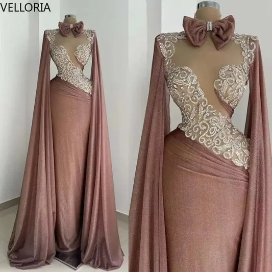 Elegant Dubai Arabic Long Sleeves Evening Dresse Appliqued Sequins Prom Dresses Caftan Shawl Events Party Gowns Customized