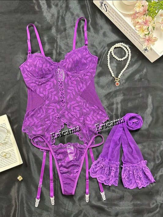 Lingerie Fancy Sexy Lace Underwear 3-Piece Transparent Spliced Bra And Panty Set Garter Intimate Sexy Women's Underwear Lingerie