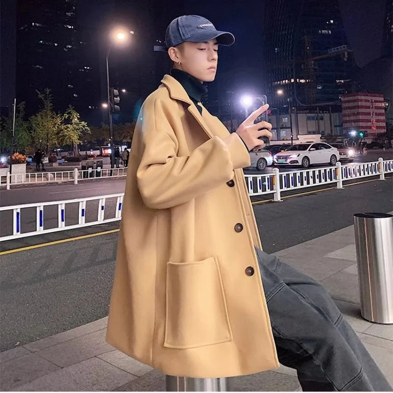 Woolen coat men's autumn and winter lamb wool thick solid color versatile suit collar jacket trendy couple mid length windbreake