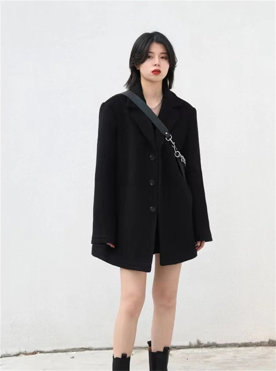 Korean Warm Mid Length Woolen Suit Coat Thick V Neck Women New Loose Parkas Winter Single Breasted Wool Blend Jackets Casaco