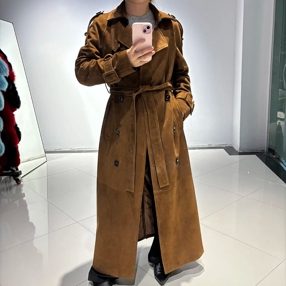 YOLOAgain Double Breasted Suede Jacket Coat Women Real Leather Trench Coat