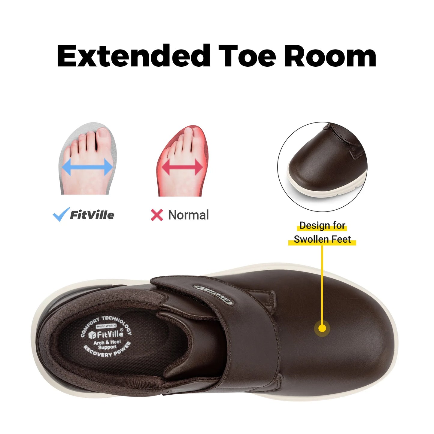 FitVille Men's Leather Shoes Diabetic Shoes Extra Wide Slip On Shoes for Orthopedic Toes Swollen Feet Non-Slip Lightweight
