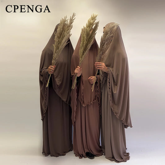Two Piece Arabic Muslim Women Set Elegant Dubai Hijab Abaya Eid Middle East Prayer Clothes Islamic Khimar Outfit Moroccam Kaftan