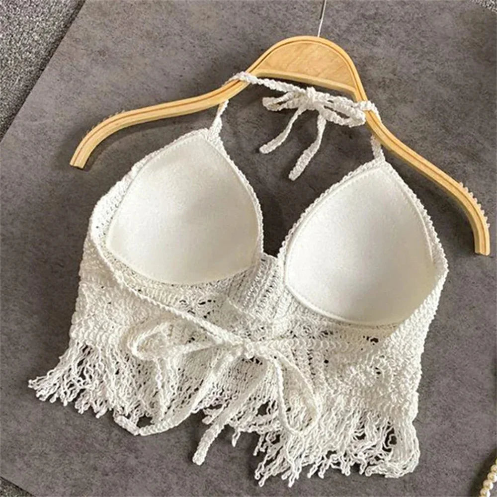 Women Summer Beach Boho Crop Tops Sexy Y2K Knitted Backless Hollow Out Tank Tops Crochet Tassels Hem Halter Bras Bustier Top