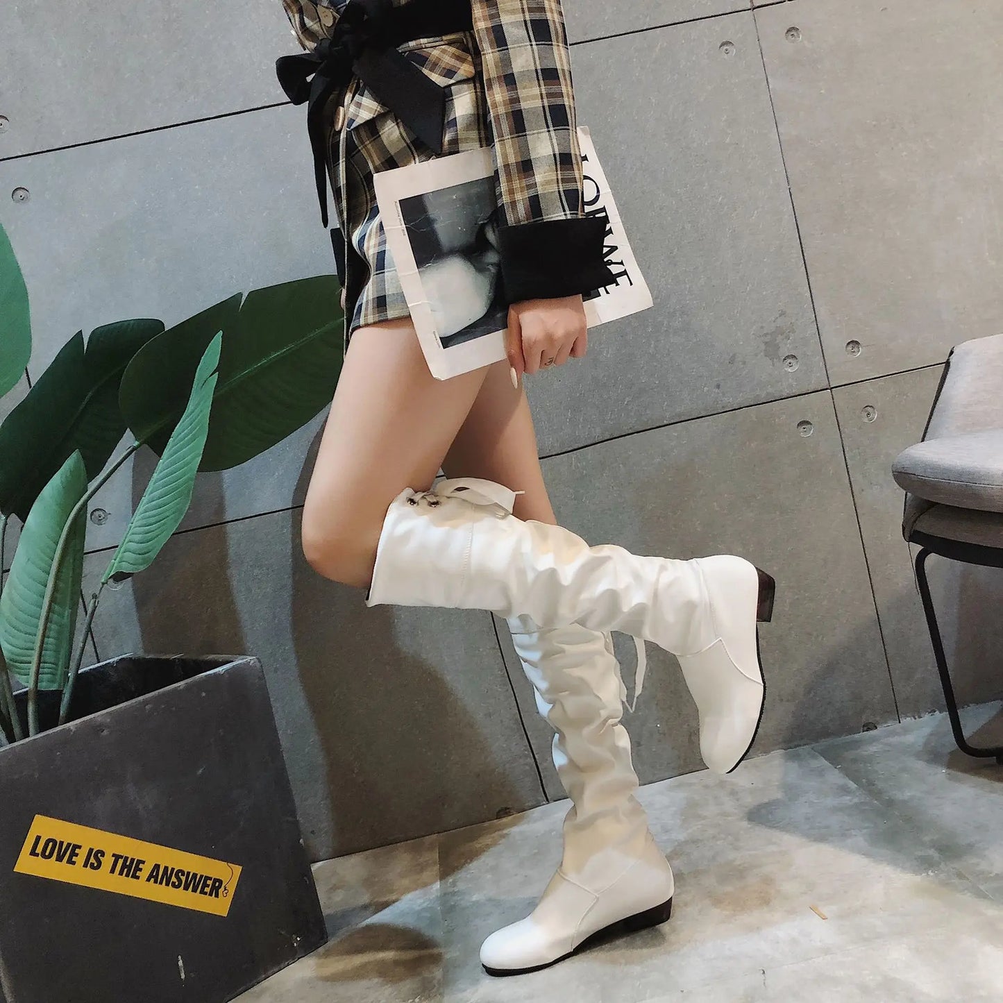 Shoes for Women 2023 Spring Knee High Boots Red Black White Tall Boots Woman Pleated Low Heel Casual Leather Female Long Shoes