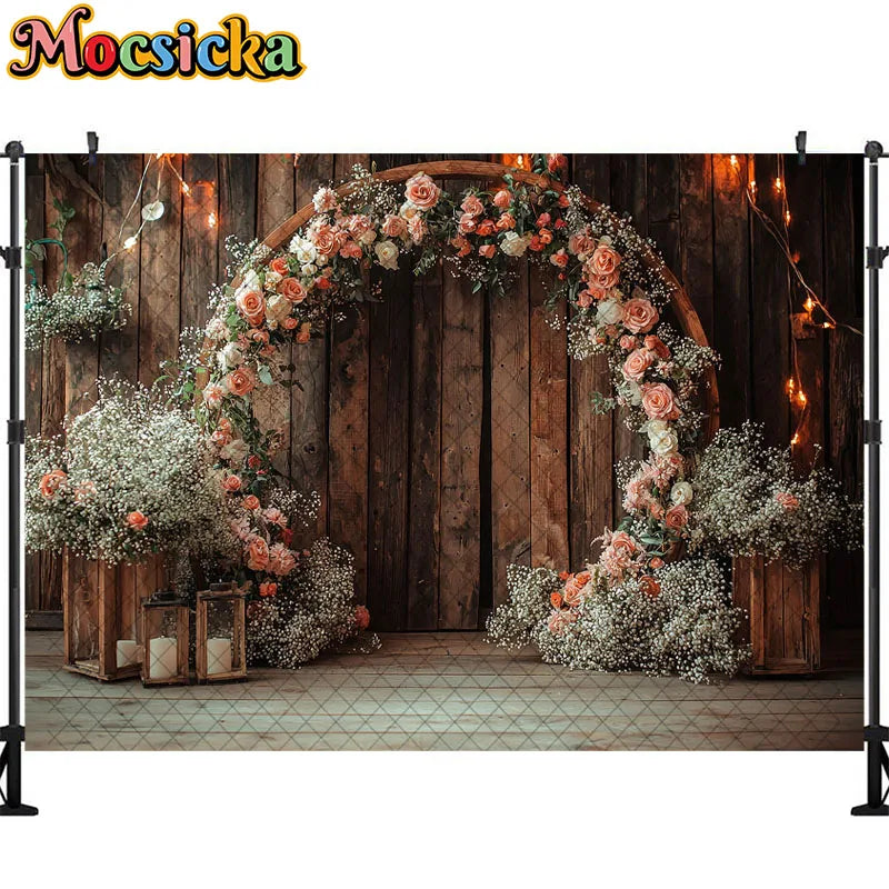 Wedding Theme Photography Background Round Wreath Wooden Wall Decoration Couple Wedding Scene Supplies Backdrop Studio Props