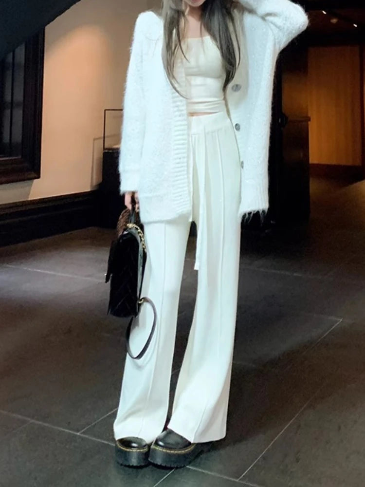 Knitted Pants Women Fashion Vintage Casual Capris Solid Loose Lace Up Wide Leg Pants Elastic Waist 2025 New Autumn Winter Pants