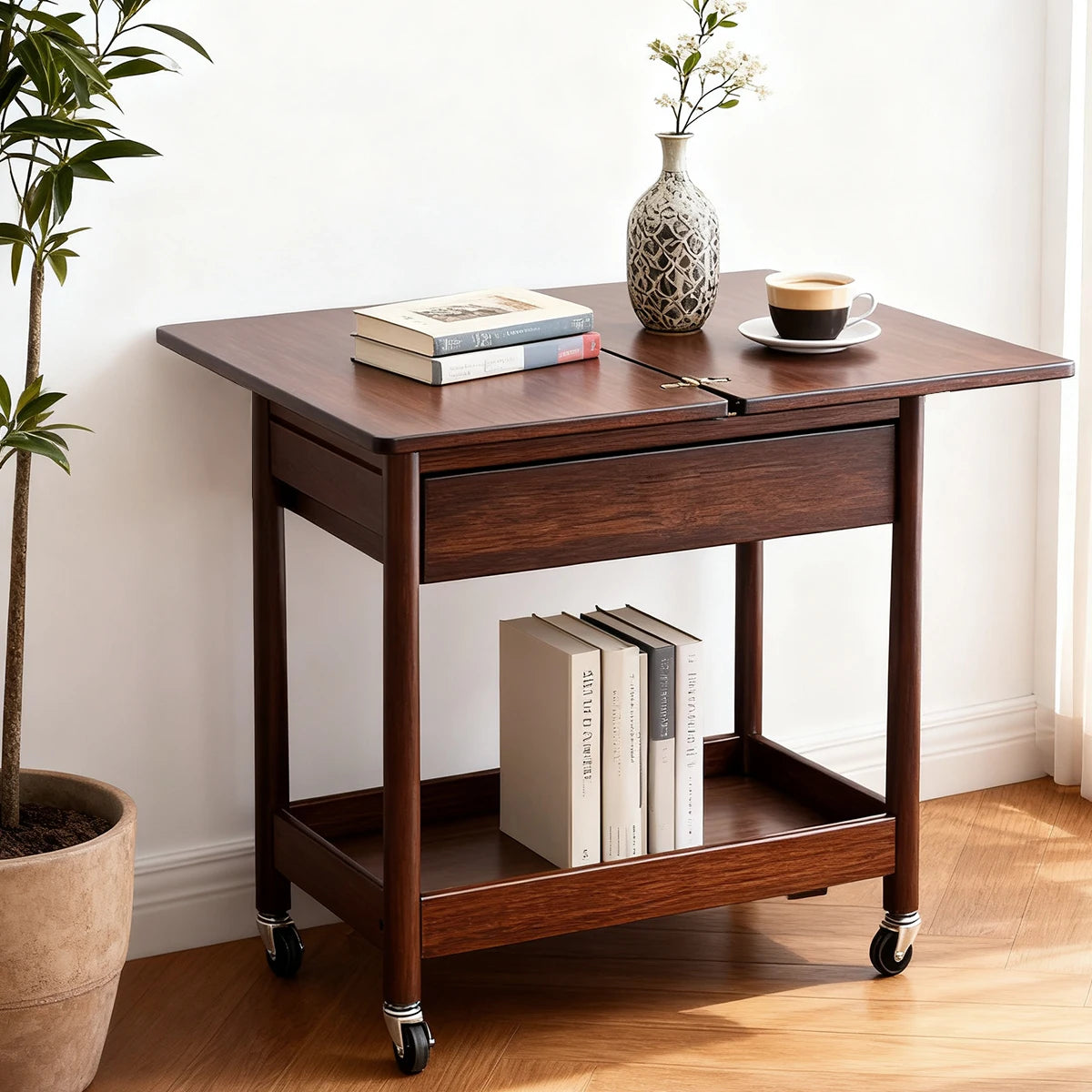 Space-Saving Extendable Foldable Dining Table with Drawer & 4 Wheels - Farmhouse Walnut Color for Living Room Kitchen