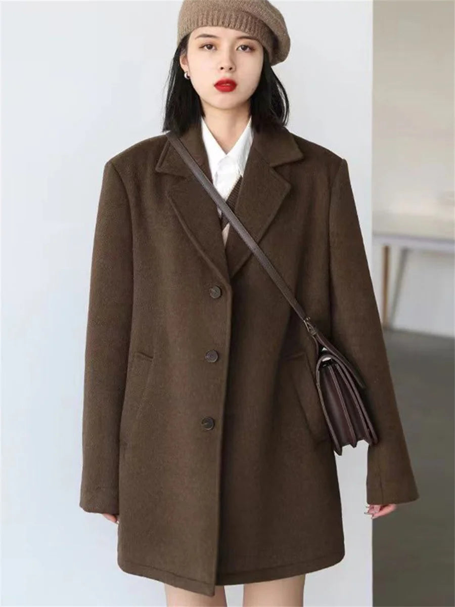 Korean Warm Mid Length Woolen Suit Coat Thick V Neck Women New Loose Parkas Winter Single Breasted Wool Blend Jackets Casaco