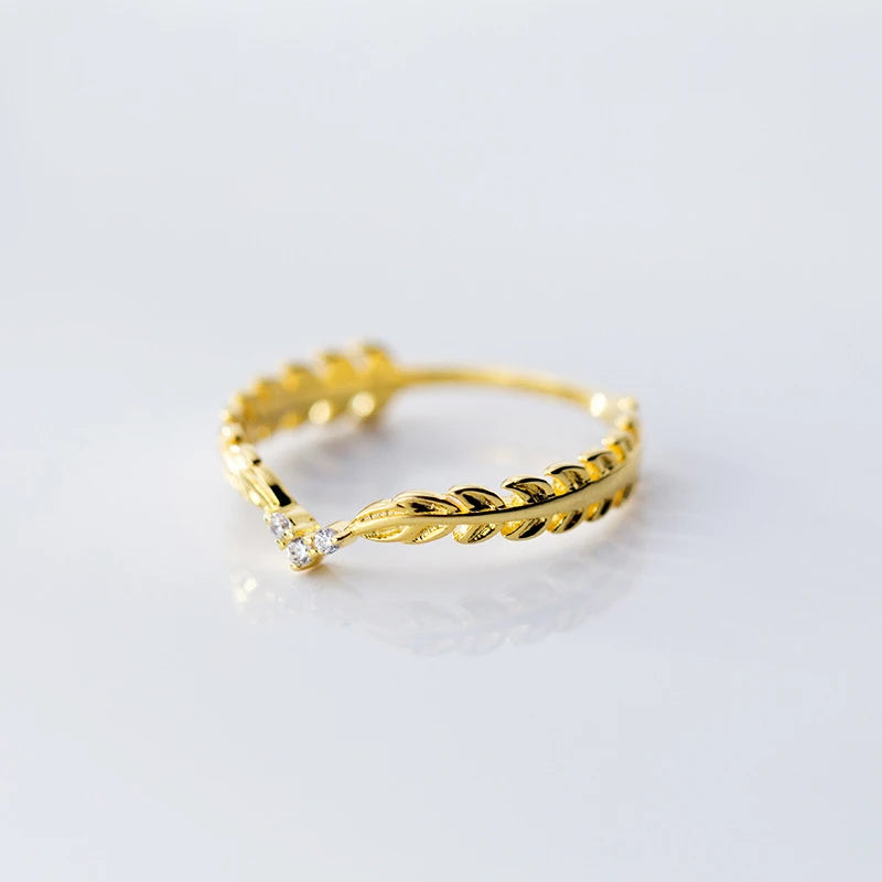 Sterling Silver 925 Gold Ring Silver Female Simple Leaf Fine Jewelry Crystals New Arrivals Thailand Mom Ring