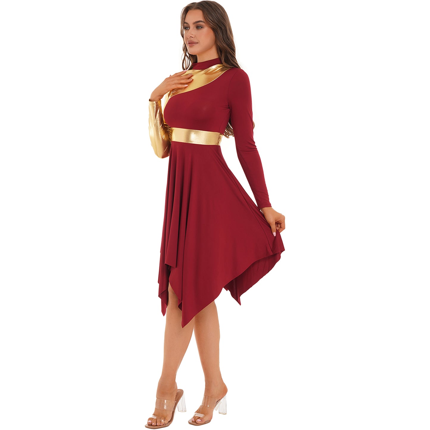 Women Modern Lyrical Dance Dress Waltz Ballroom Performance Costume Church Choir Worship Gown Long Sleeve Shiny Dancewear