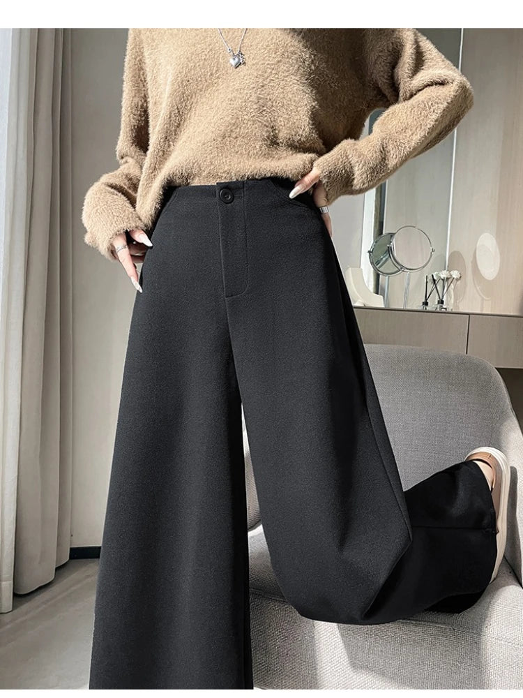 High Quality Woolen Suit Wide-leg Pants Women Fall Winter High-waisted Loose Trouser Female Chic Solid Thick Outwear Bottoms New