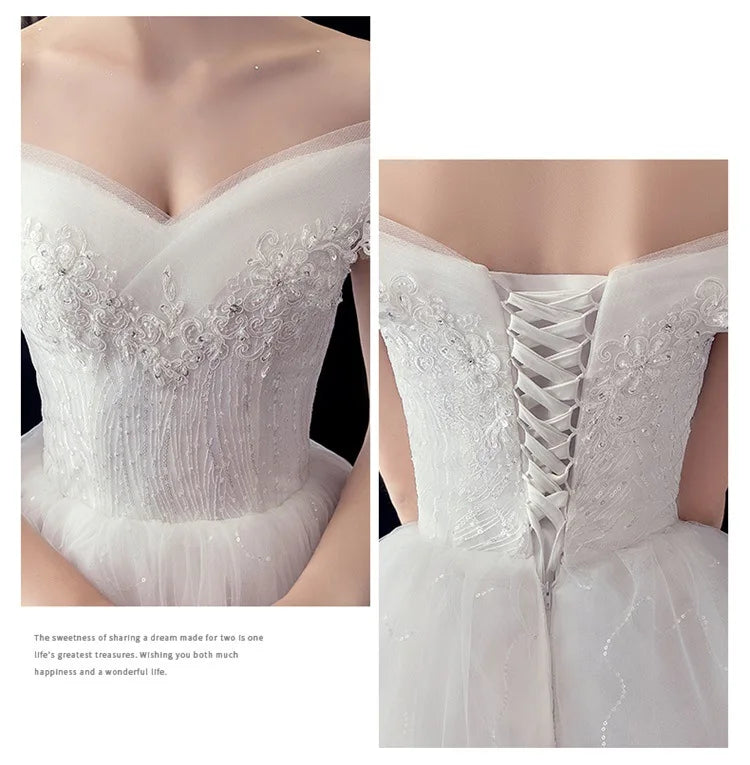 Shiny Wedding Gowns Sweet Boat Neck Wedding Party Ball Gown Off Shoulder Wedding Dresses Customized For Women