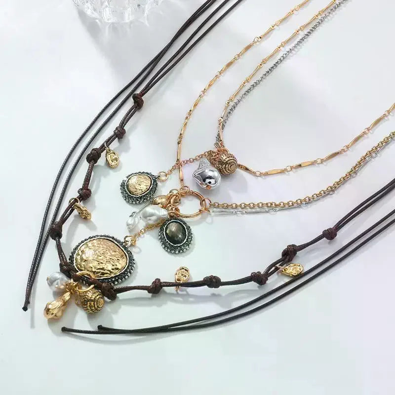 Stylish Women's Bohemian Necklace with Round Coin Badge Pendant; Multi-layer Rope Chain Party Accessory.