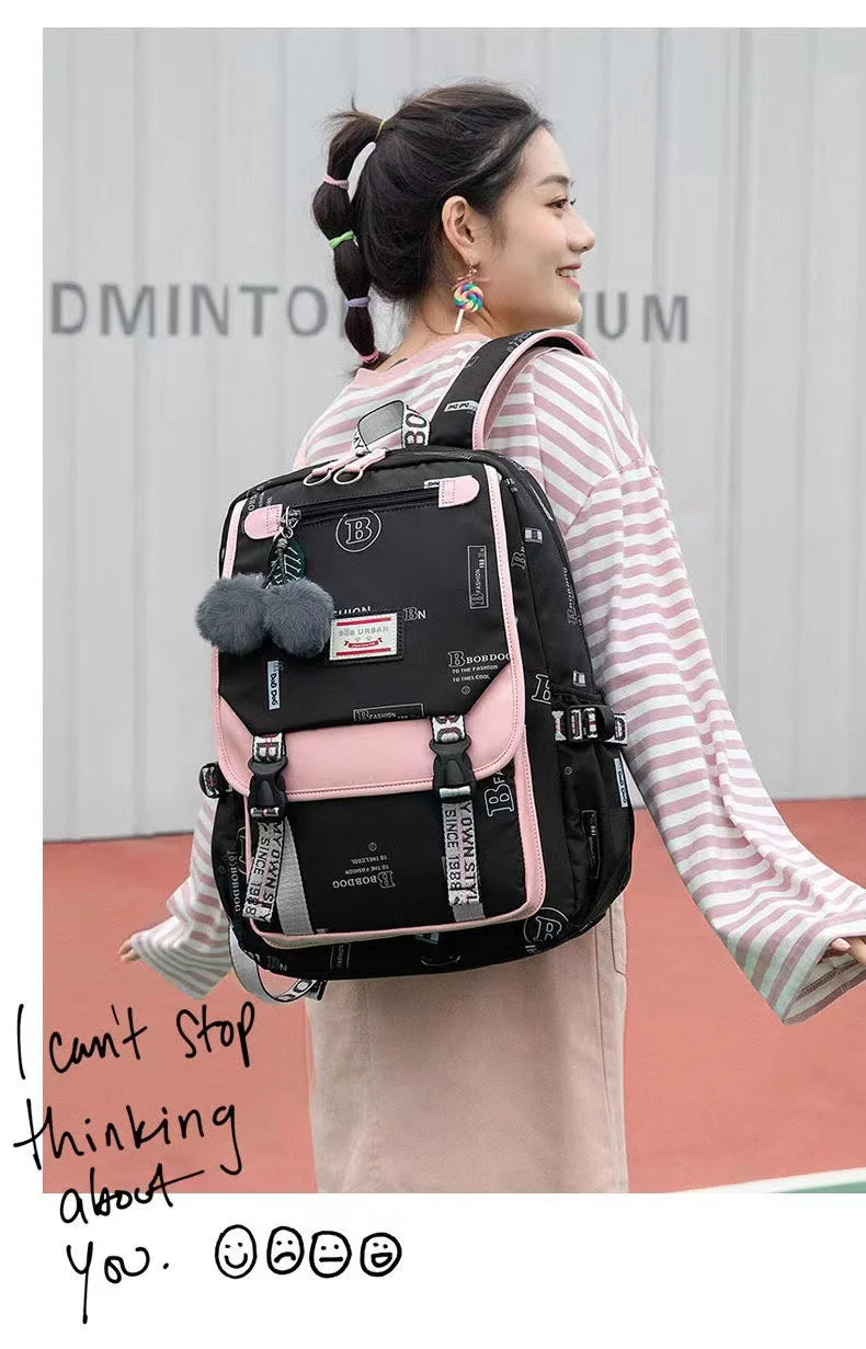 Large School Bags for Teenage Girls Canvas Schoolbag Student Book Bag Fashion Black Pink Teen School Backpack