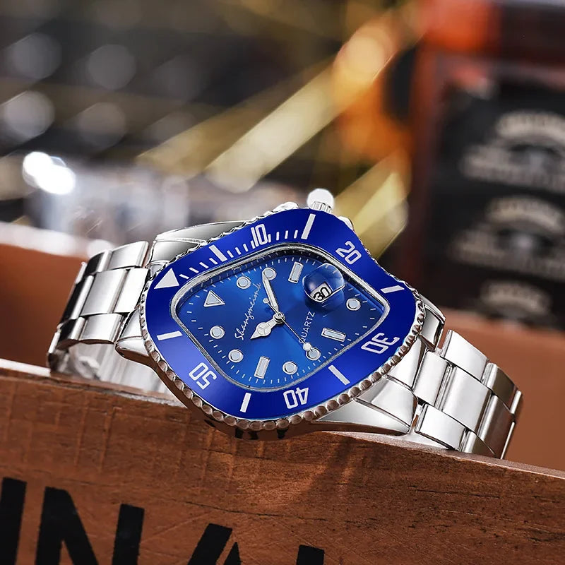 New Watch for Men Unusual Conceptual Crash Melting Twist Shaped Case Quartz Wristwatch Male Man Rhombic Green Clock Reloj Hombre