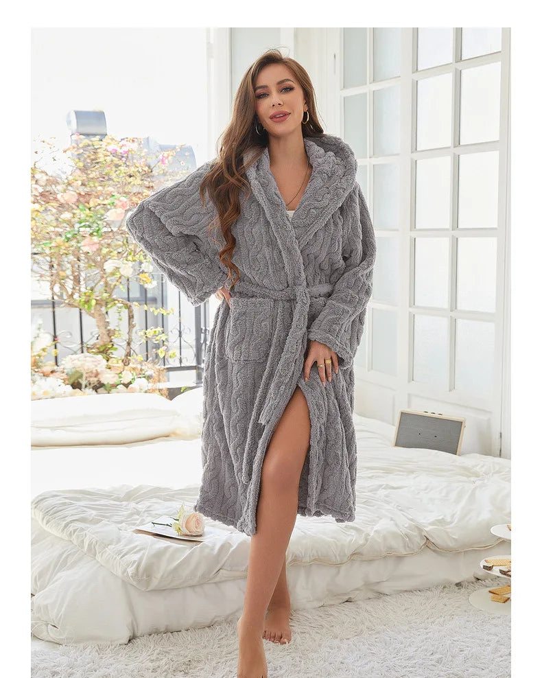 Autumn and Winter New Robe Big Size Shu Cotton Velvet Couple Double Hooded Robe European and American Wind Home Wear Suit