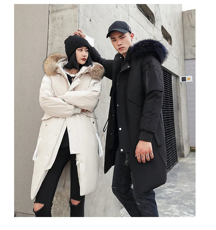 New Winter Down Jacket Men's Couple Fashion Big Fur Collar Medium and Long Youth Pie To Overcome Warmth and Thickening Tide