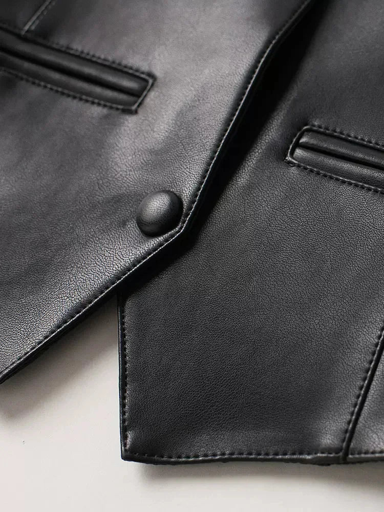 New Women Spring Autumn Leather Vest Fashion V-Neck Sleeveless Slim Sheepskin Jacket Casual Short Black Vest Split Leather