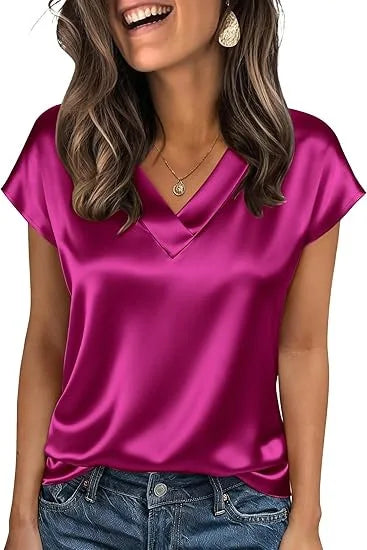 Women's Summer New T-shirt Casual V-Neck Short Sleeve Blouse Business Casual Tops Satins Silk Summer Shirt Work Solid Color Tops