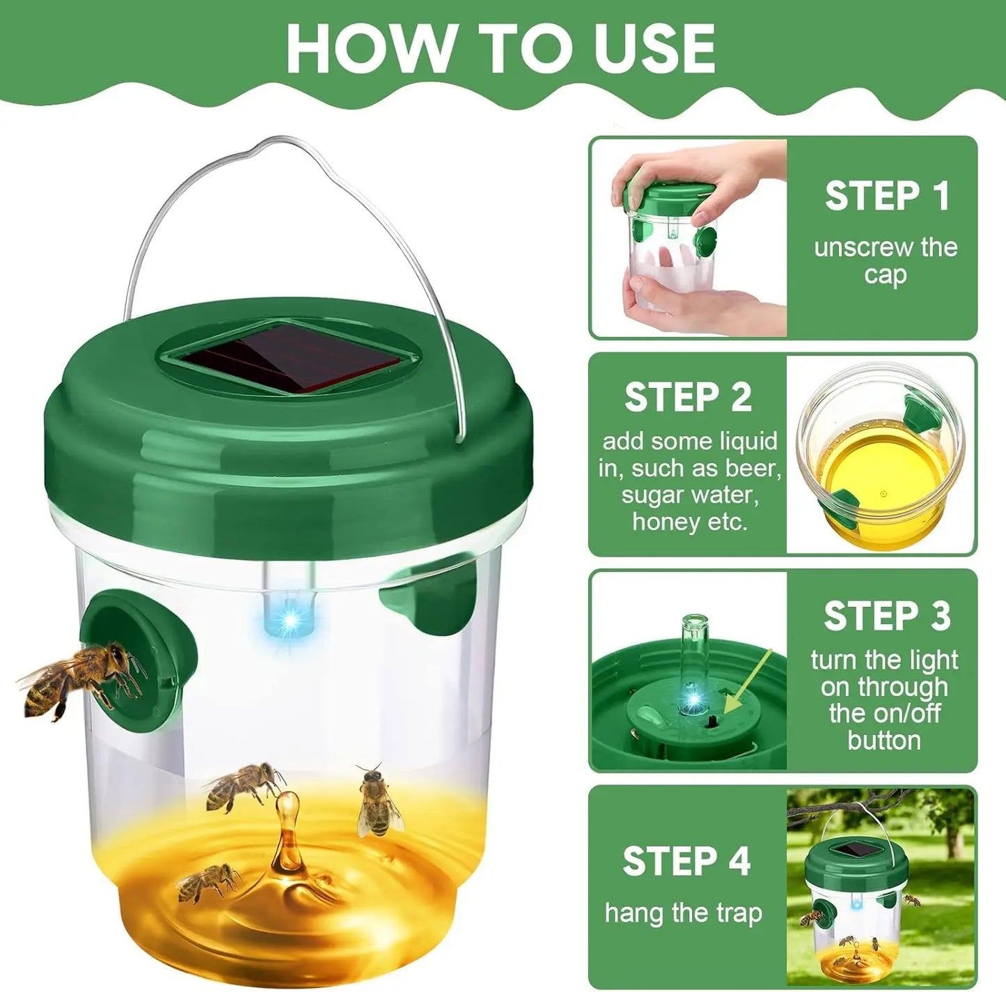 Reusable Fly Traps Outdoor Hanging Wasp Killer with UV LED Light Flying Insect Bee Killer for Indoor Outside Patio Home