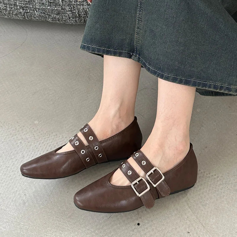 Female Footwear Round Toe Luxury Women Flats Mary Janes Shoes Shallow  Fashion Buckle Strap Ladies Ballet Flats Shoes