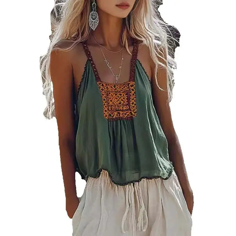 Summer Women Ethnic Retro Suspenders Shirt Top Sexy Ladies Simple Casual Printed Lace Pullover Camisole Cotton linen Top  2025