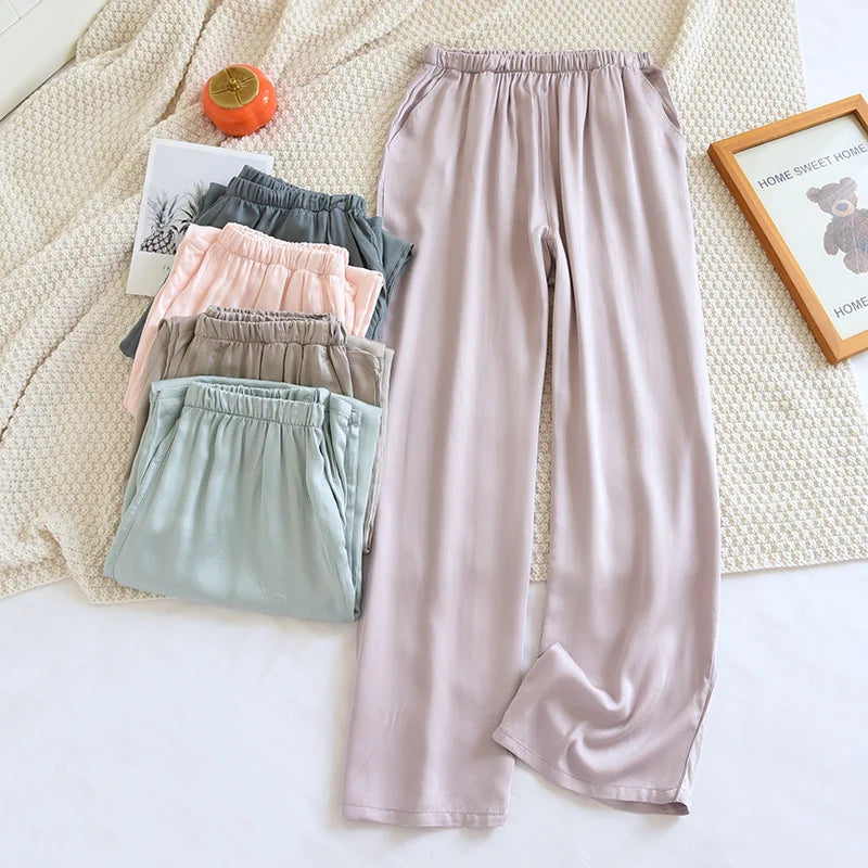 Thin Solid Color Summer Sleep Bottoms Ice Silk Satin Couple Sleeping Pants Loose Mosquito Proof Pants for Women and Men