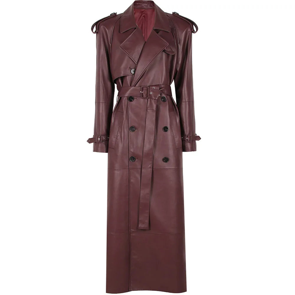 YOLOAgain 150cm Extra Length Real Leather Trench Coat Women Double Breasted Suede Coat Female