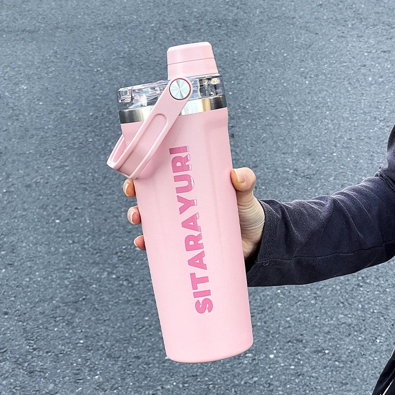 1pc 800ml magnetic lid insulated water bottle, minimalist letter print handle water cup, office and outdoor insulated cup