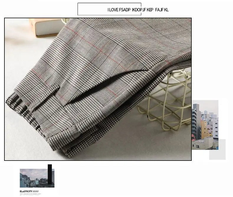 Office Lady Slim Woman Clothing Plaid Suits Pants Spring Autumn New Korean Fashion Vintage High Waist Straight Casual Trousers