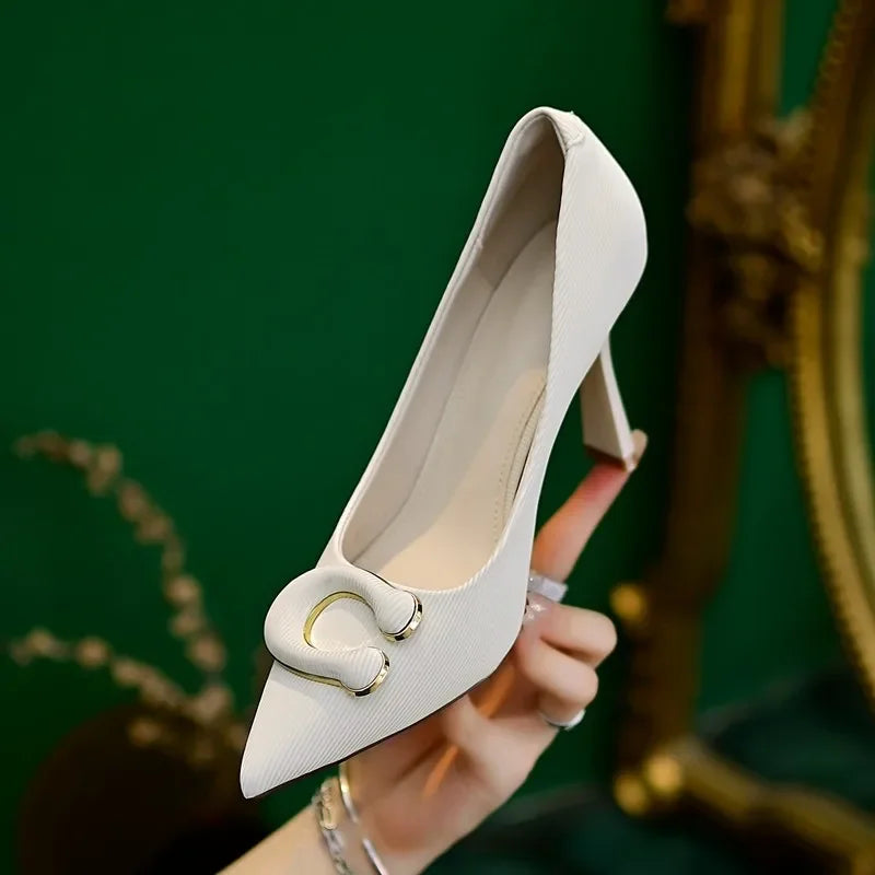 Women's Fashion Thin Heel Shoes Autumn New Pointed Head Shallow Mouth Metal Buckle A Slip-on Wear-resistant High Heels