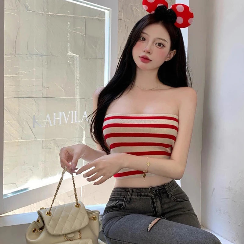 Summer Sexy Spice Retro Striped Tank Top Women Outer Wear Short Sleeveless Tops New Bustier