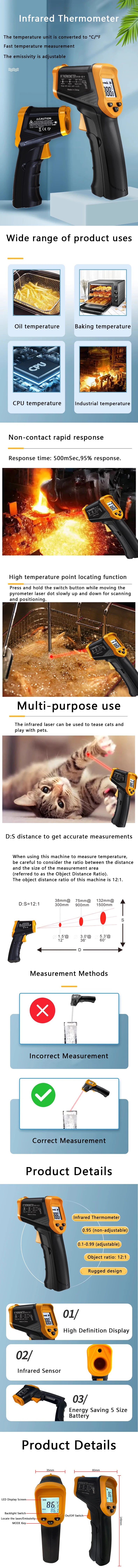 Infrared Thermometer Gun -50-600℃ Digital with Adjustable Emissivity IR Laser Temperature Gun Non-contact Pyrometer Industrial