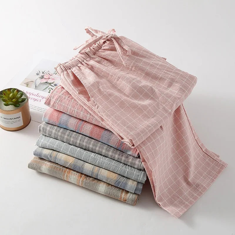 Pajama Pants Women Plaid Cotton Home Trousers Loose Breathable and Soft Straight Leg Trousers Fashionable Sleeping Pants
