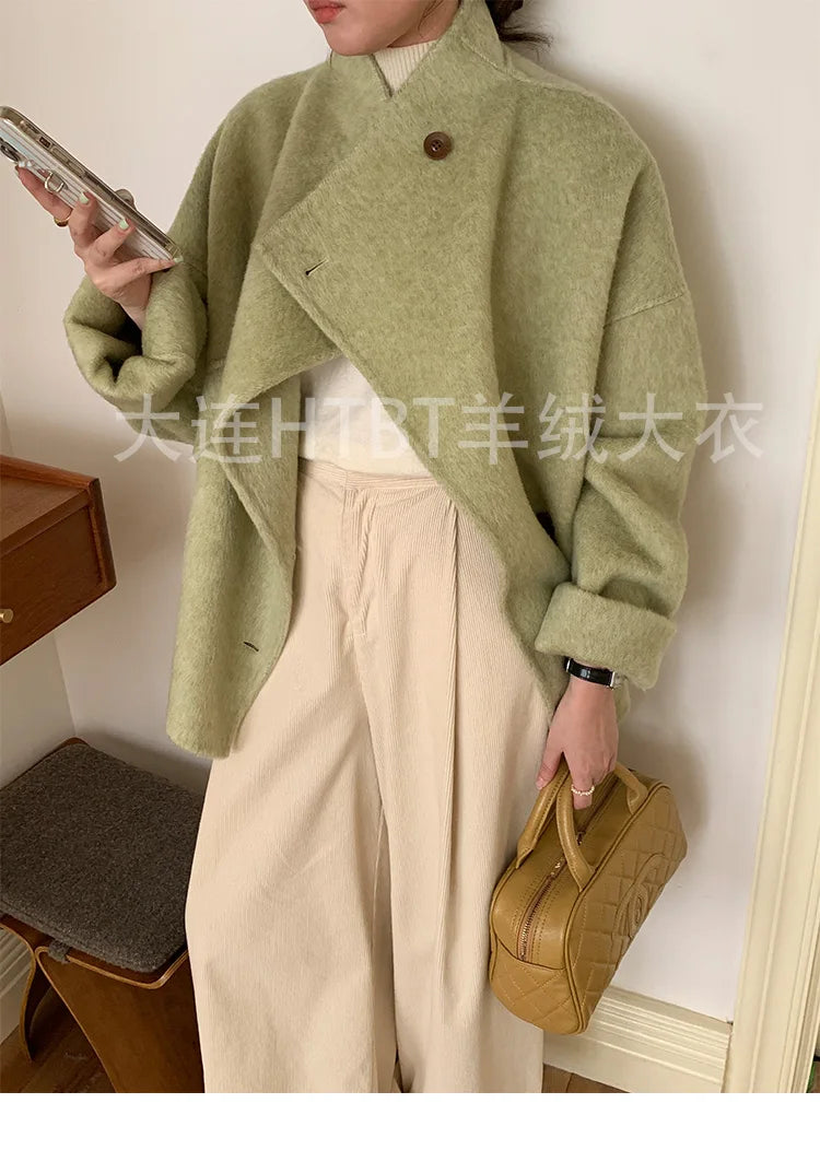 New Winter Short Woolen Coat Fashion Causal Warm Mulberry Silk Lapel Double-sided Wool Coat Loose Suit Jacket Female Tide Autumn