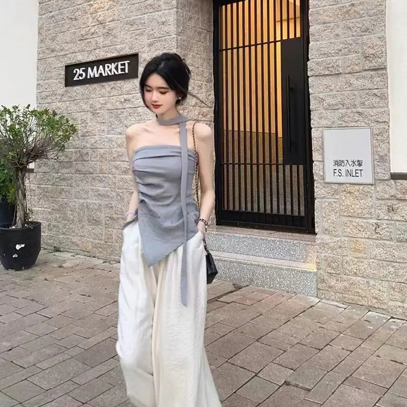 Women's Summer 2025 Off-Shoulder Bustier Top with Asymmetric Design for Commuting and Stylish Outfits